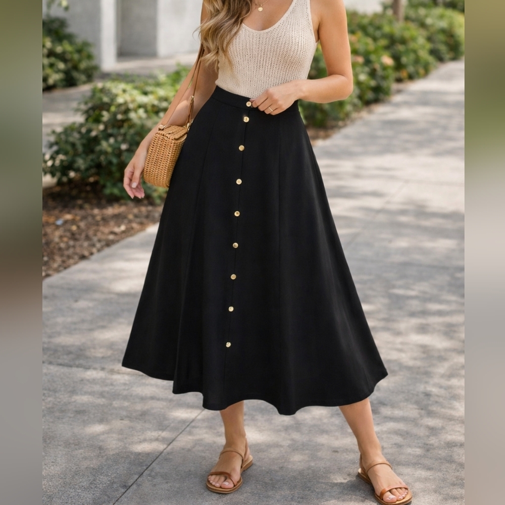 Black A-Line Button Front Midi Skirt Women Small New With Tags
